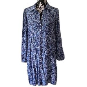 Well Worn Blue Floral Shirt Dress Womens Medium Long Sleeve Button Front Batik